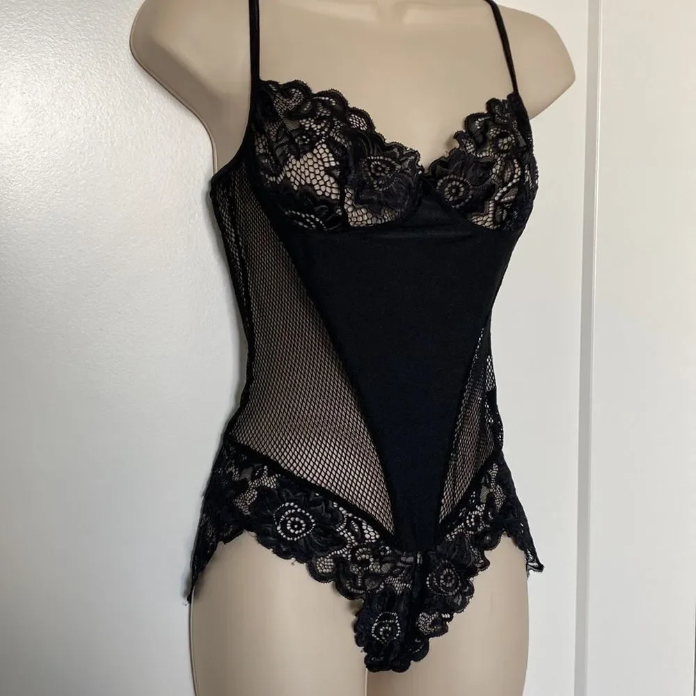 Teddy Black with floral Lace and Mesh. Hosiery Straps for a Sexy Fun Look